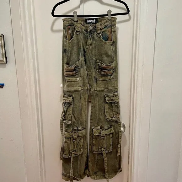 Darker Waves Rave stretch strappy cargo bellbottoms womens size XS / youth 14 - Picture 2 of 4